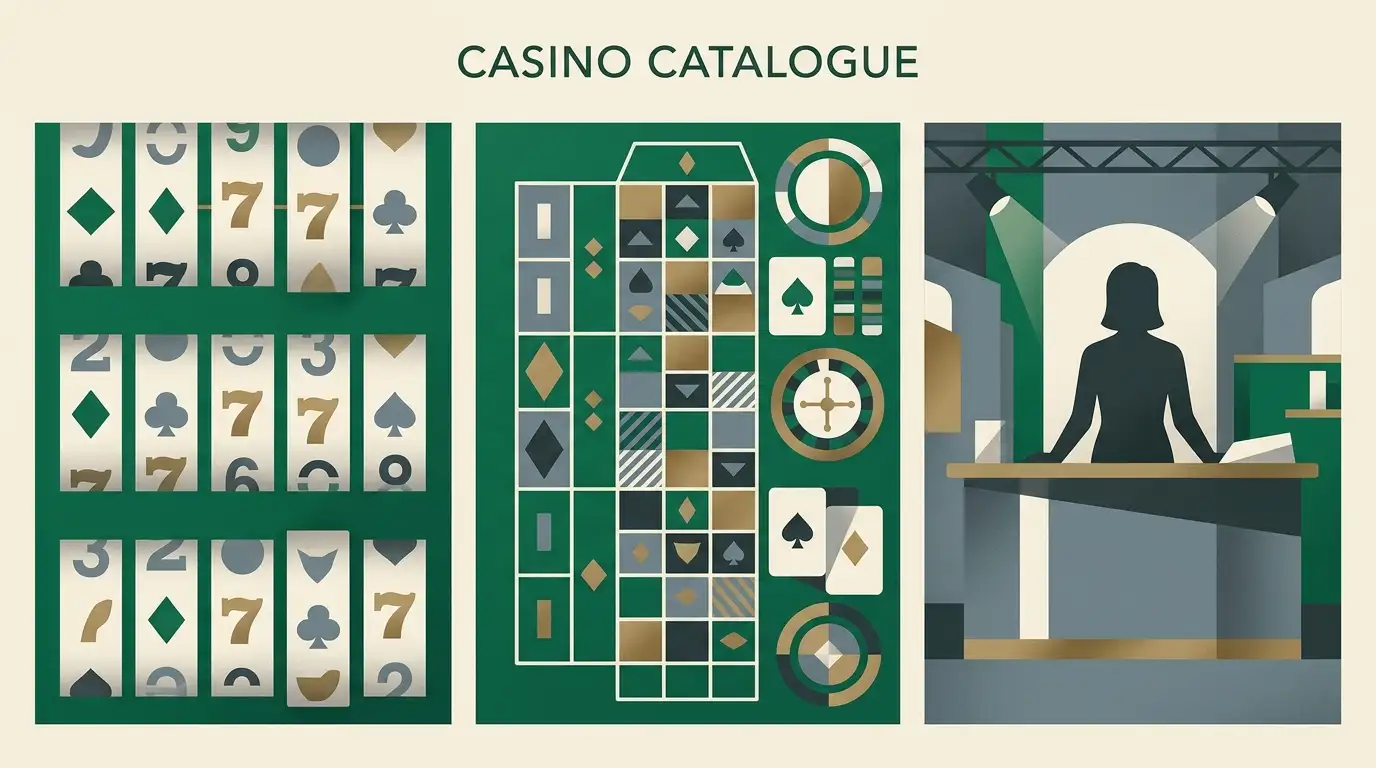 Abstract illustration of pokies, table games and live dealer categories