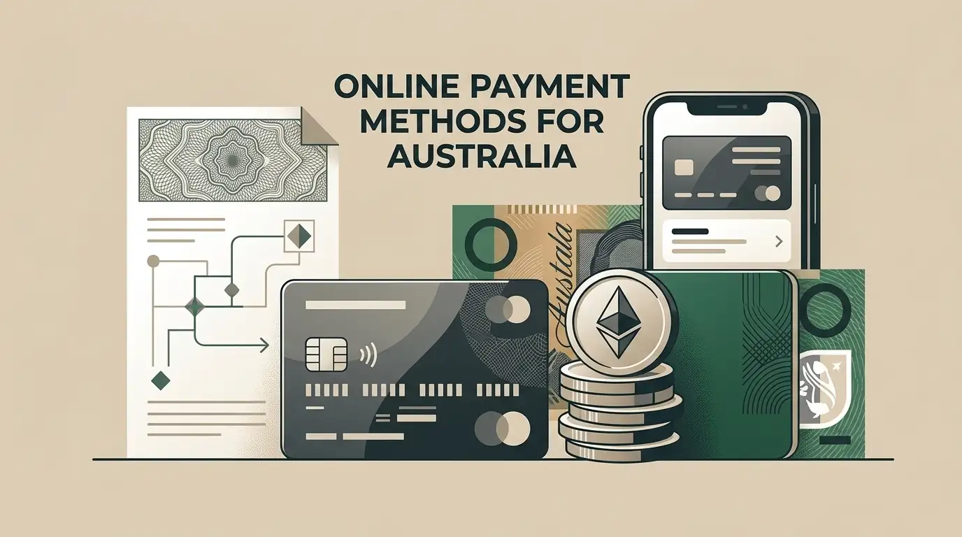 Concept illustration of Australian dollar banking with card, bank and cryptocurrency symbols