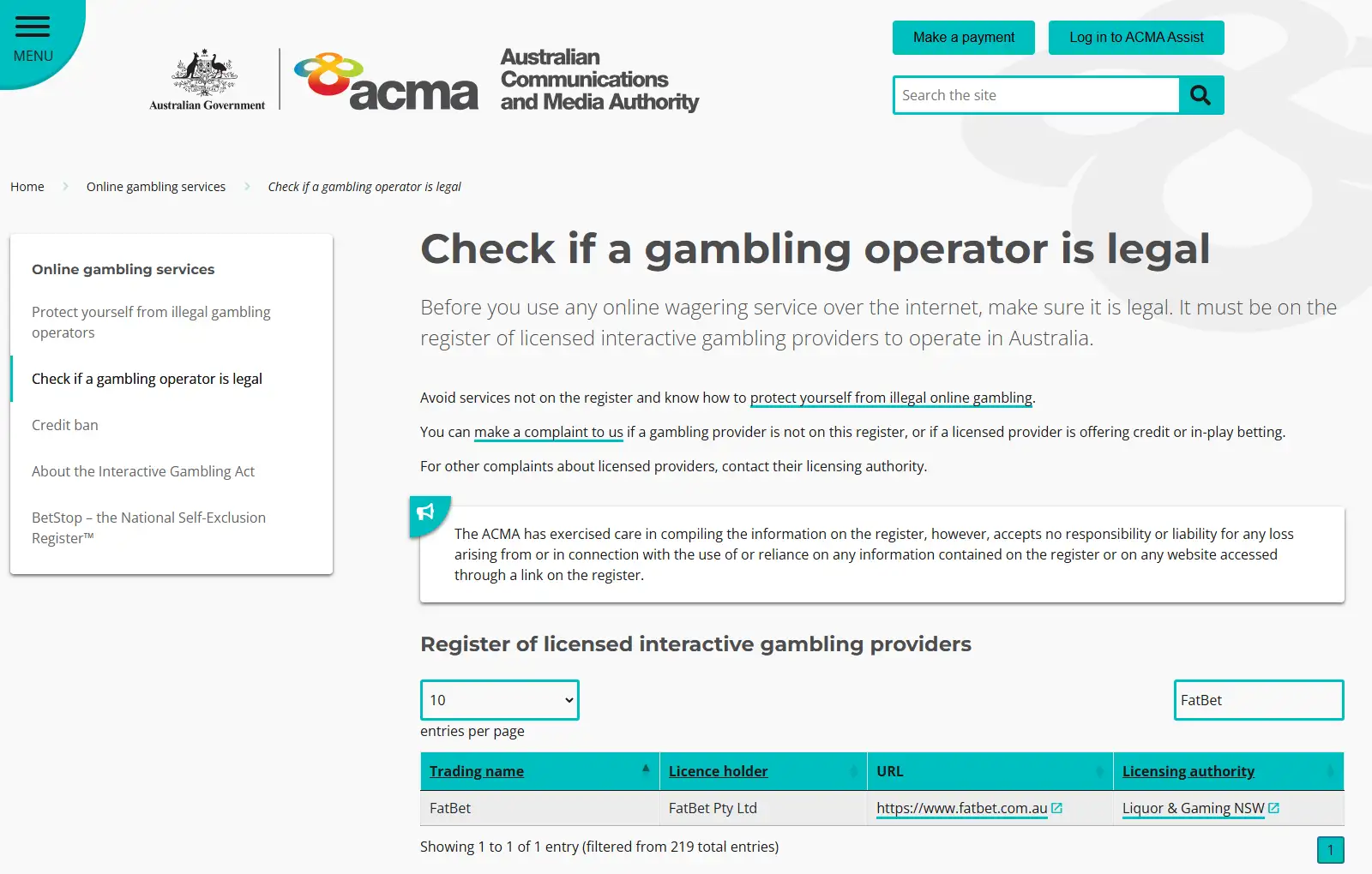 Real ACMA wagering register capture showing FatBet Pty Ltd and fatbet.com.au