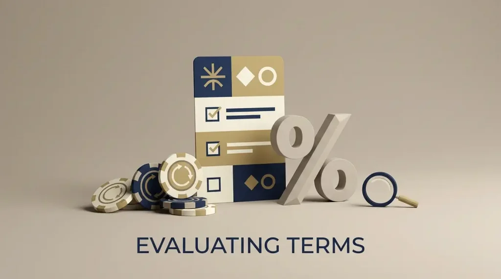 Editorial illustration of a casino bonus checklist with percentage and free-spin symbols
