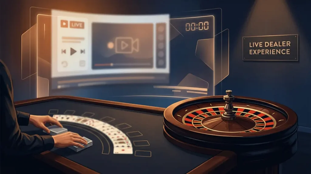 Editorial illustration of a neutral live casino table with cards, roulette wheel and streaming motifs
