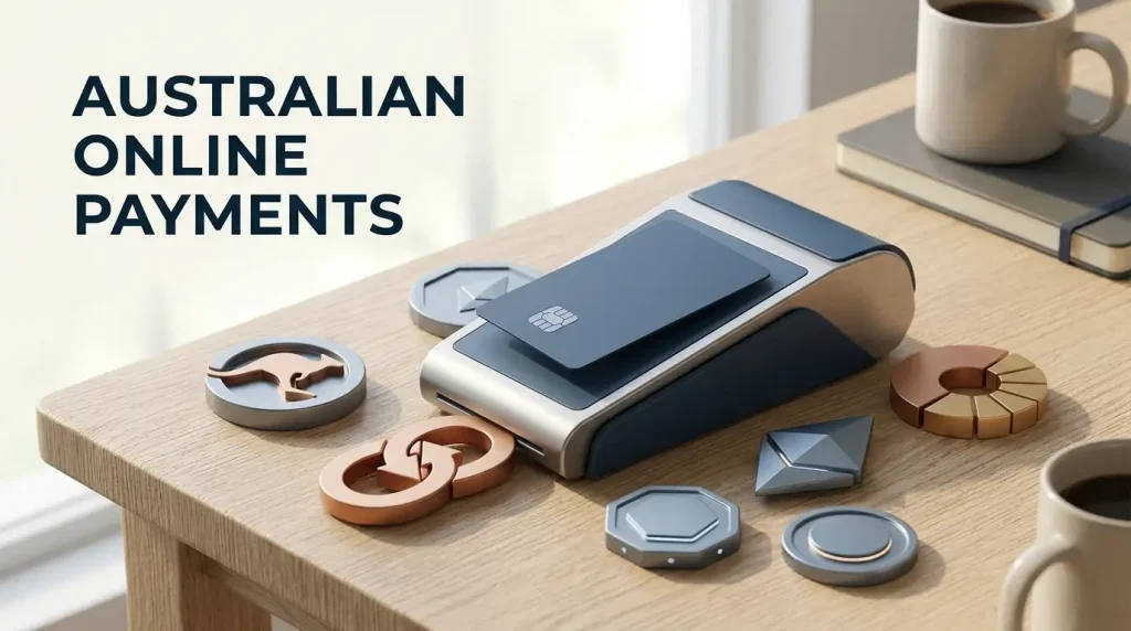 Editorial illustration of Australian dollar banking with a payment card, bank transfer and cryptocurrency symbols