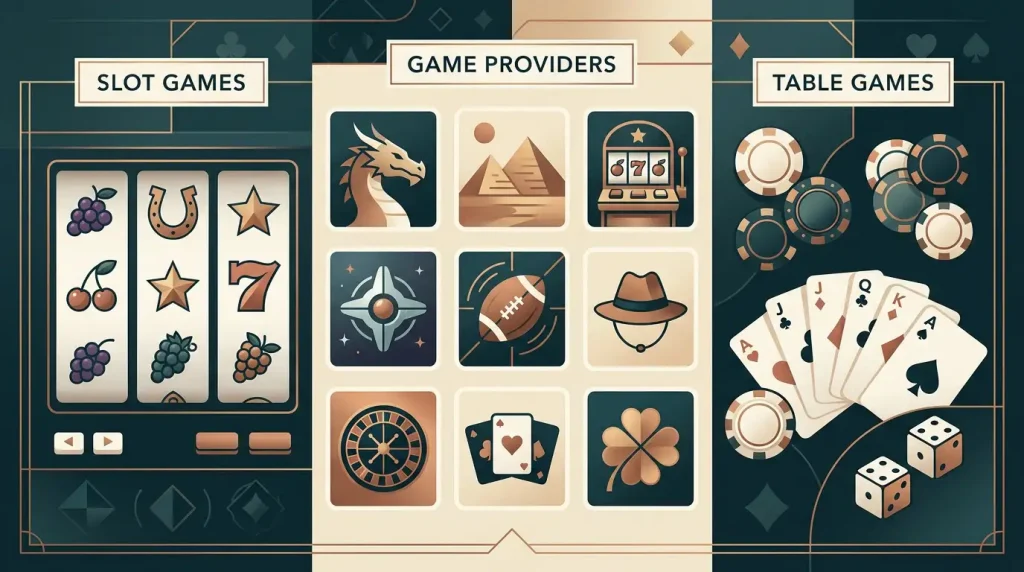 Editorial illustration of online pokies reels, casino chips and provider-neutral game tiles