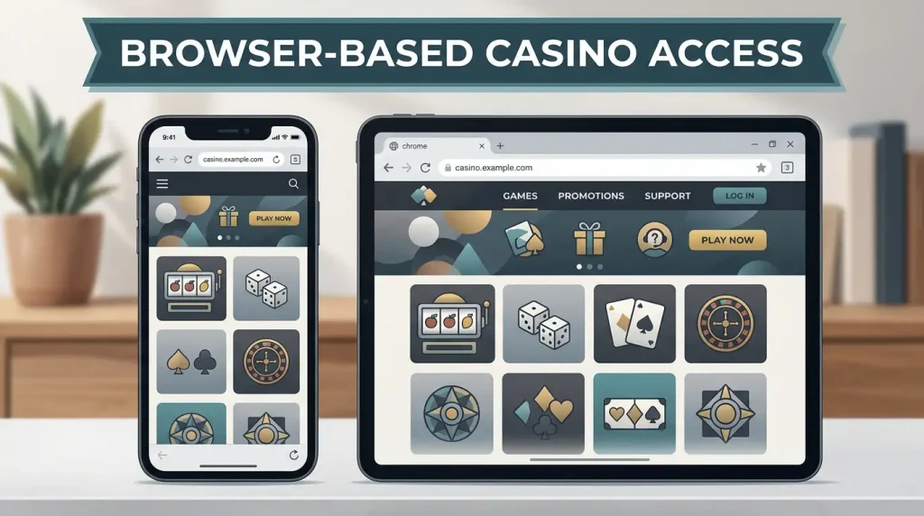 Illustration of a phone and tablet showing a generic browser-based casino layout without app-store branding