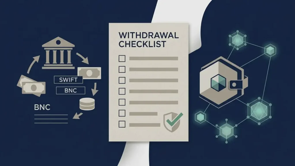 Illustration of a withdrawal verification checklist beside bank transfer and cryptocurrency payout symbols