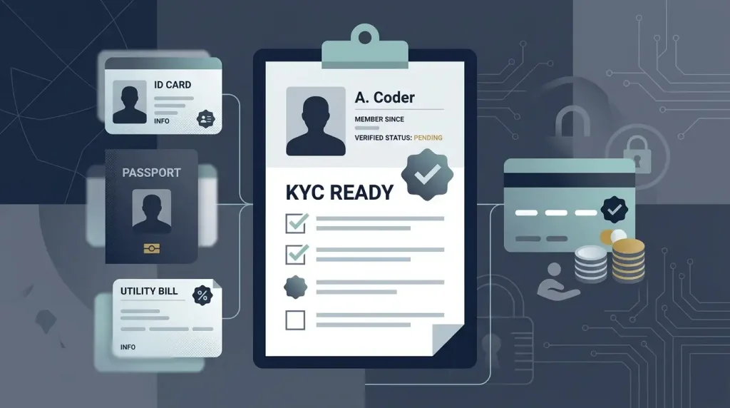 Illustration of an account verification checklist with secure identity and document symbols
