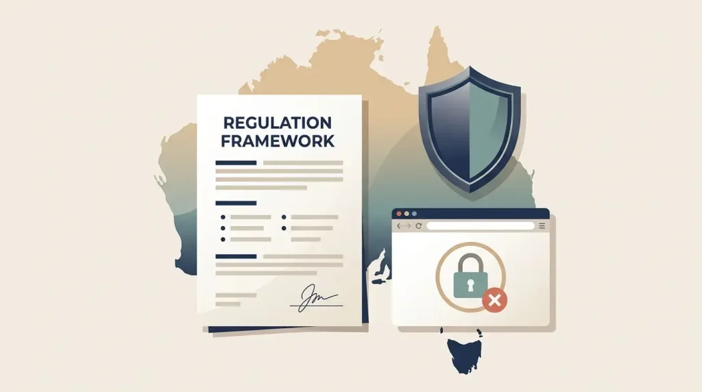 Illustration of Australian online gambling regulation with a legal document, protective shield and website blocking symbols